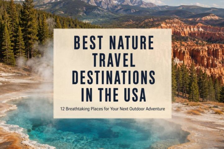 Vibrant geothermal pool surrounded by trees and mountains, highlighting nature travel destinations in the USA.