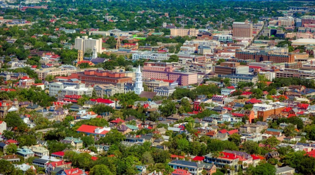 Charleston, South Carolina — best weekend getaways USA Aerial view of Charleston, South Carolina showcasing historic architecture and greenery. — best weekend getaways USA