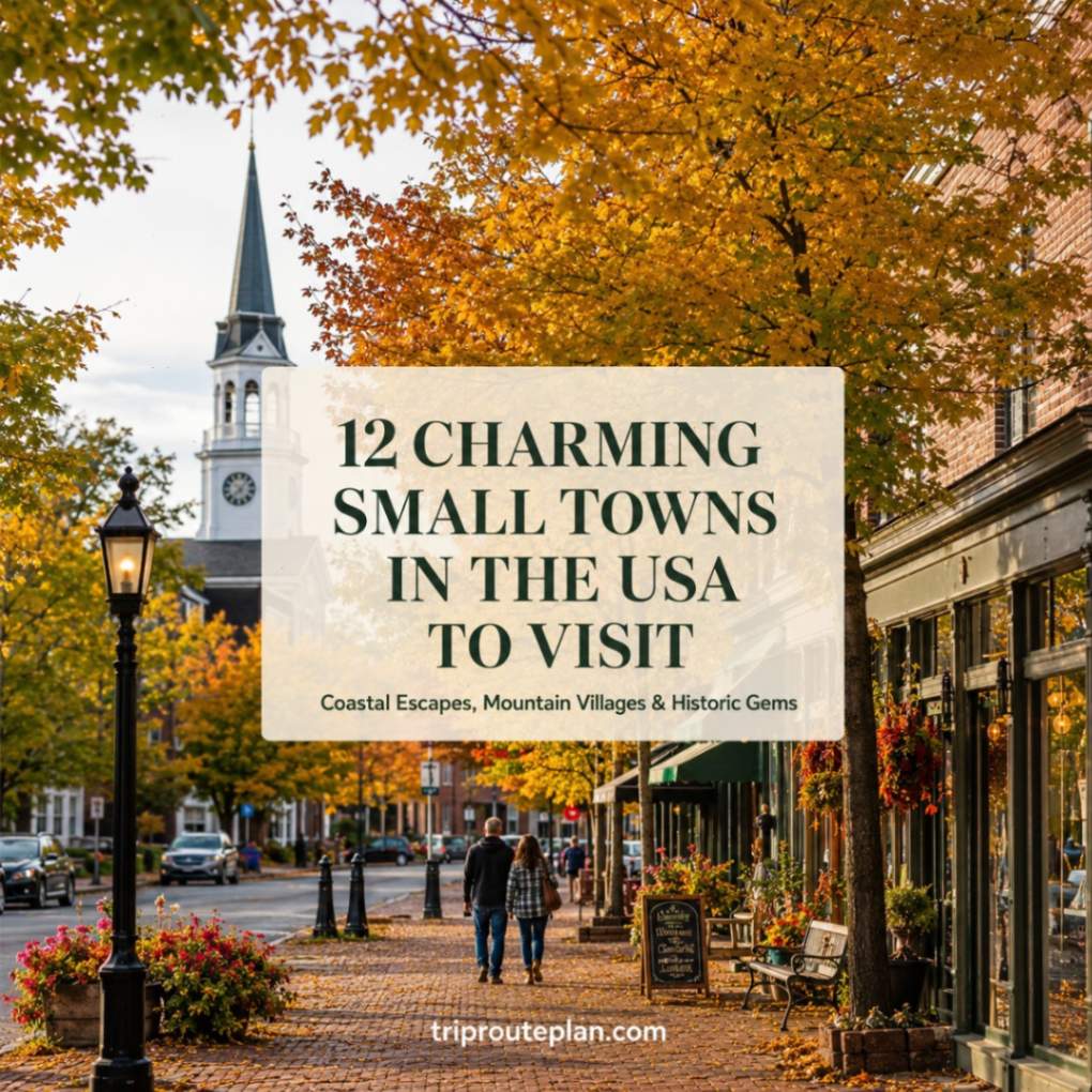 Charming small town street with autumn foliage and historic buildings. — charming small towns in the USA