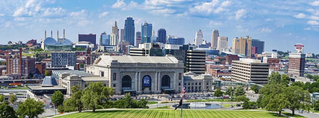 Kansas City Skyline — cheap places to travel in USA Kansas City skyline with Union Station and downtown buildings — cheap places to travel in USA