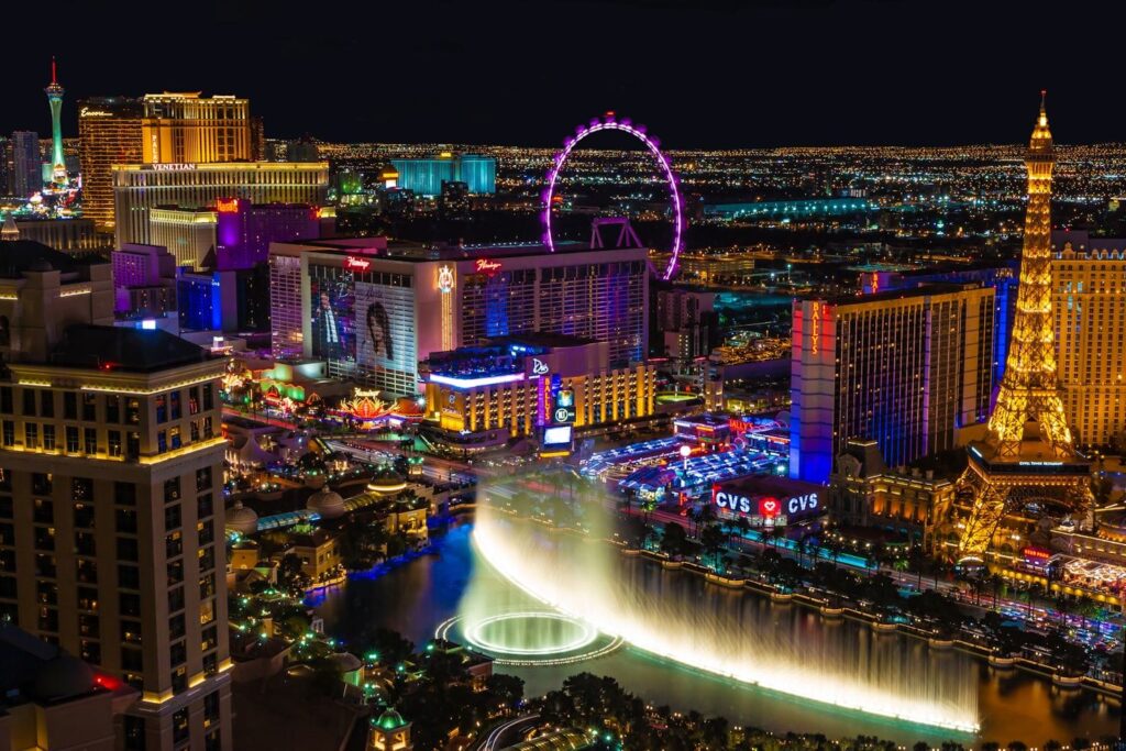 Las Vegas Night View — best weekend getaways USA Las Vegas Strip at night with lights and attractions — best weekend getaways USA