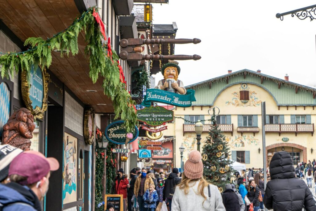Leavenworth Nutcracker Museum — Christmas towns in the USA Christmas towns in the USA with festive decorations and Nutcracker Museum sign in Leavenworth.