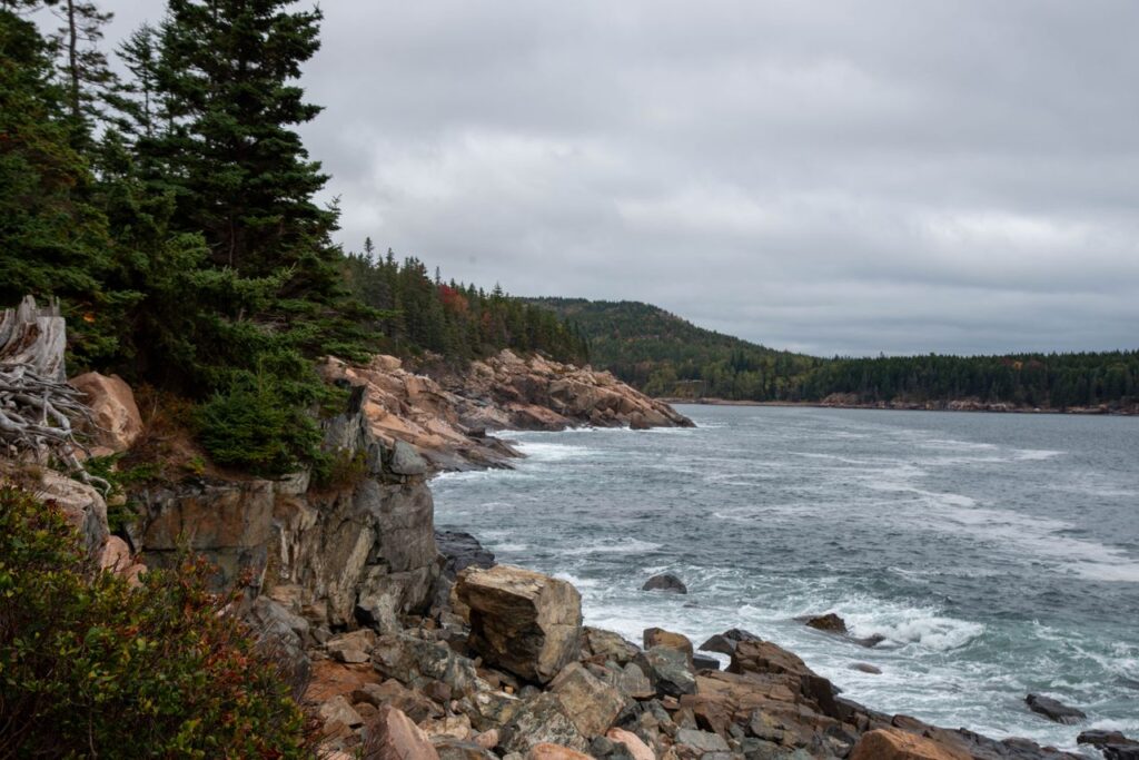 New England Coast RV Road Trip — RV USA road trip routes Rocky coastline with trees and cloudy sky near Acadia National Park — RV USA road trip routes