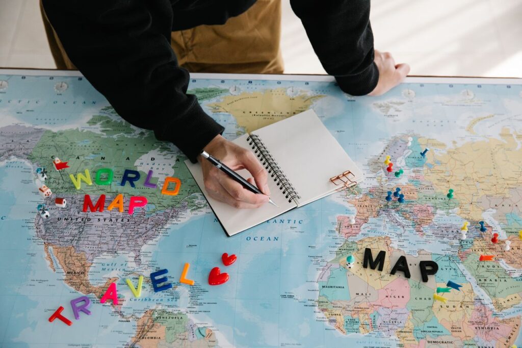 Travel Map Planning — Solo Travel Safety Tips Map with travel notes and colorful letters — Solo Travel Safety Tips