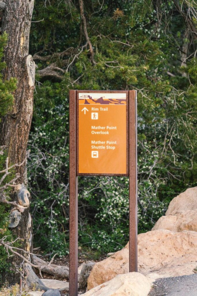 Mather Point Signage — Sedona to Grand Canyon drive stops Sign for Mather Point and Rim Trail at Grand Canyon National Park — Sedona to Grand Canyon drive stops