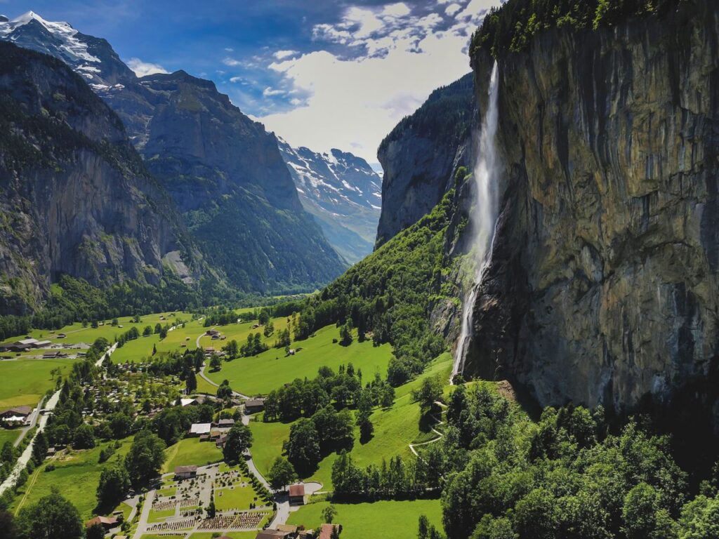 Swiss Alps Landscape — beautiful getaways in Europe Beautiful getaways in Europe: Swiss Alps landscape with waterfalls and green valleys