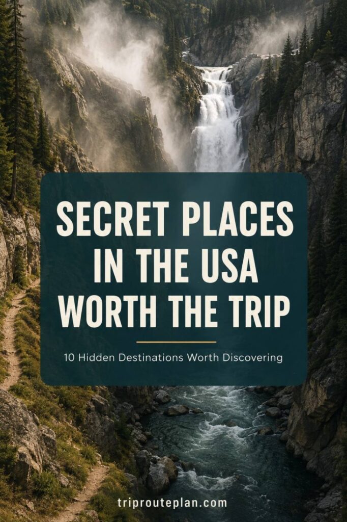 Secret Places in the USA Waterfall cascading down a rocky cliff surrounded by trees, highlighting secret places in the USA.