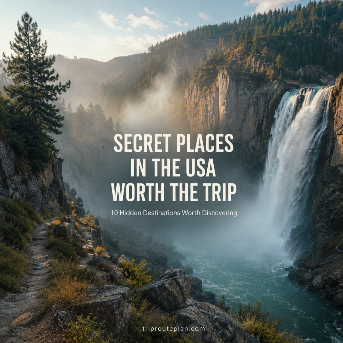Waterfall cascading down rocky cliffs surrounded by lush trees in a serene landscape, representing secret places in the USA.
