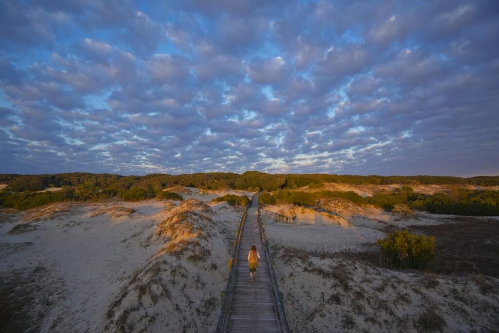 Walking Path Through Sandy Dunes — secret places in the USA A person walking along a wooden path through sandy dunes under a cloudy sky in a remote area. — secret places in the USA
